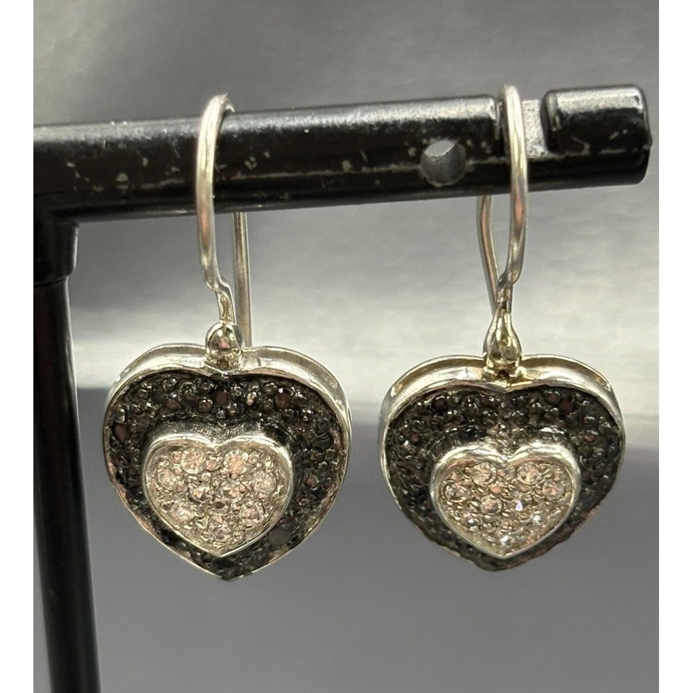 EUC Sterling Silver Black White Cubic Zirconia Heart Dangle Earrings F1